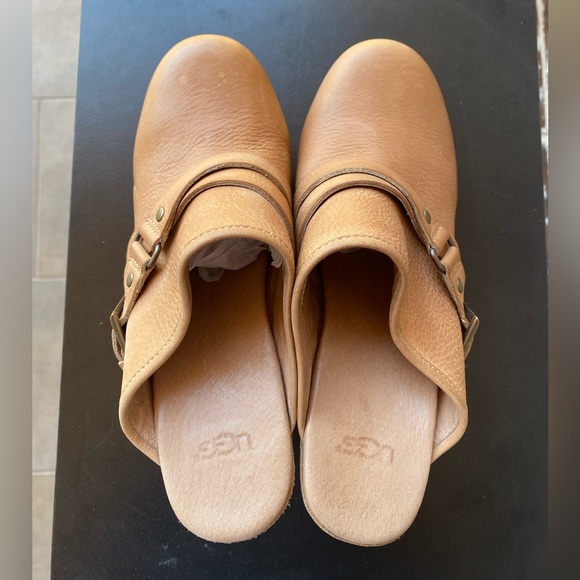 UGG Australia Natalee Tan Leather Wedge Wood Heel Clogs Mules Size 8 - Picture 5 of 12